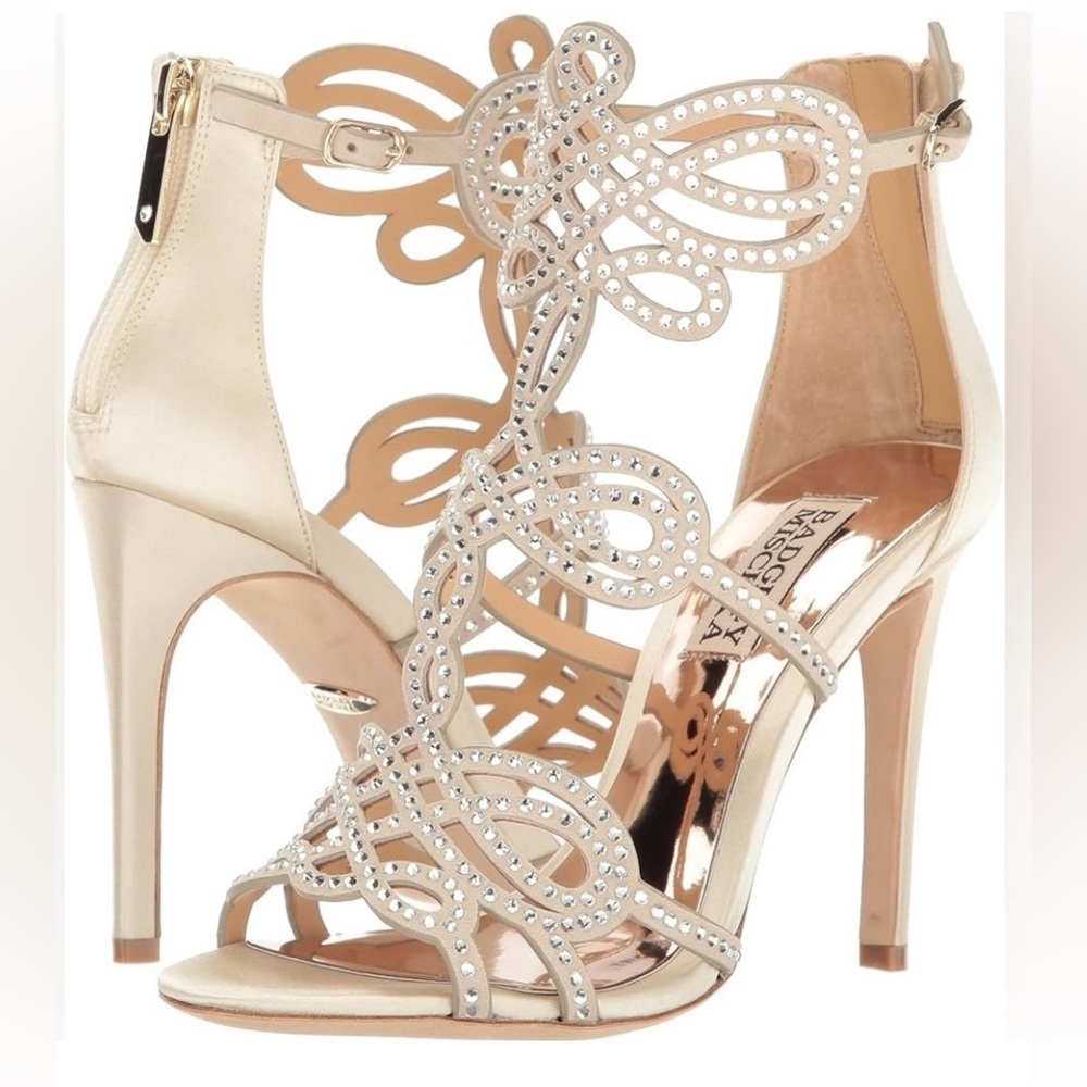 Badgley Mischka Terry Sparkly Rhinestone Heels Gold Strappy Bridal New Years - Picture 1 of 8
